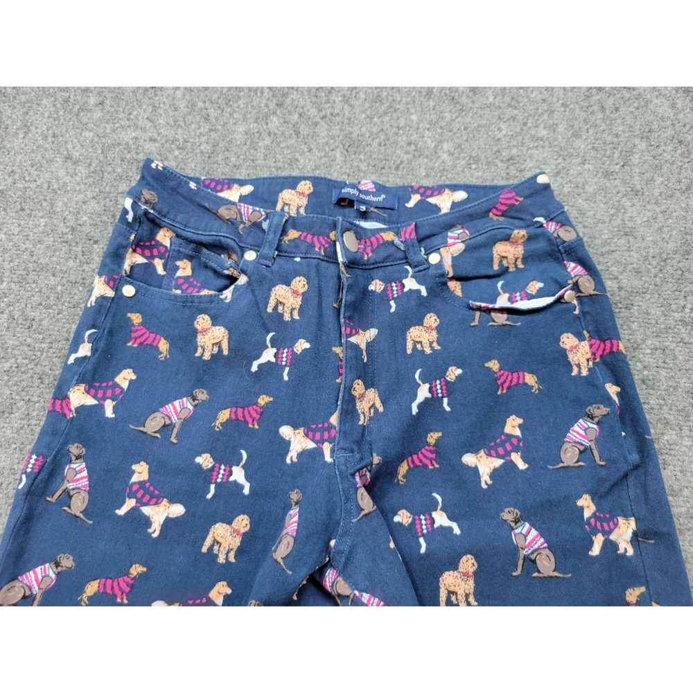 Simply Southern Dog Print Pants Navy Blue Pink Ric-Rac Trim Womens Small - Picture 7 of 14